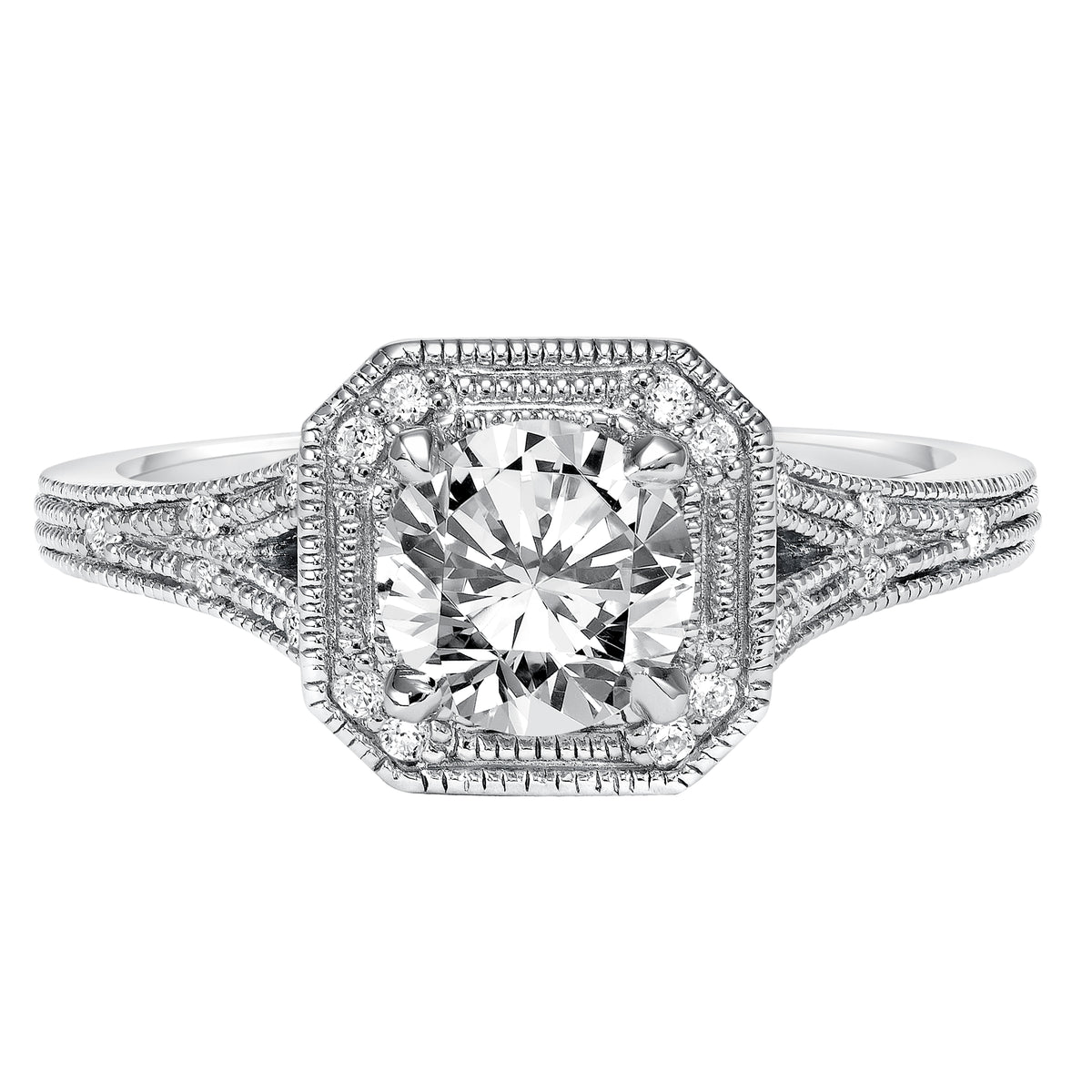 Diamond prong set Halo with Split Shank and Milgrain Engagement Ring