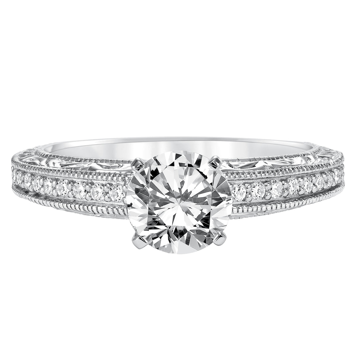 Diamond Prong Set Engraved and Milgrain Engagement Ring