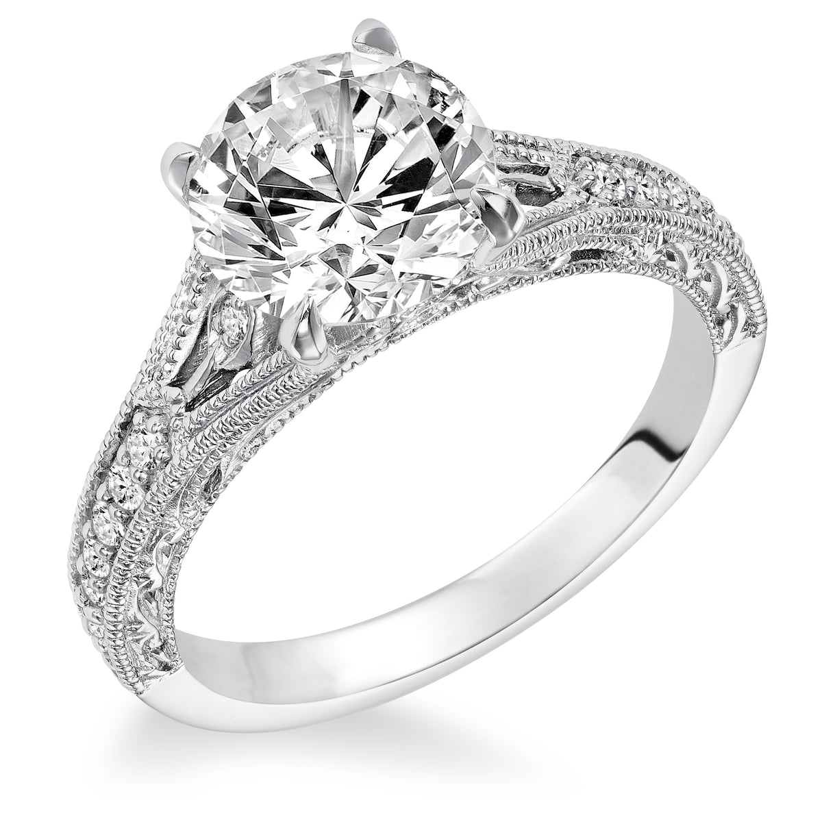 Diamond Prong Set Engraved and Milgrain Engagement Ring
