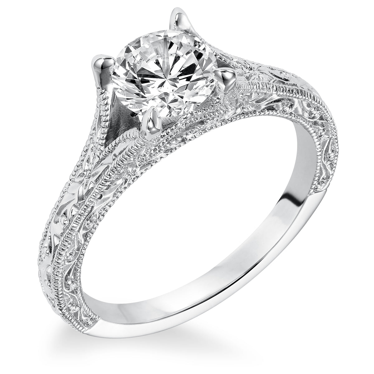 Diamond Prong Set Engraved Millgrain Split Shank Band