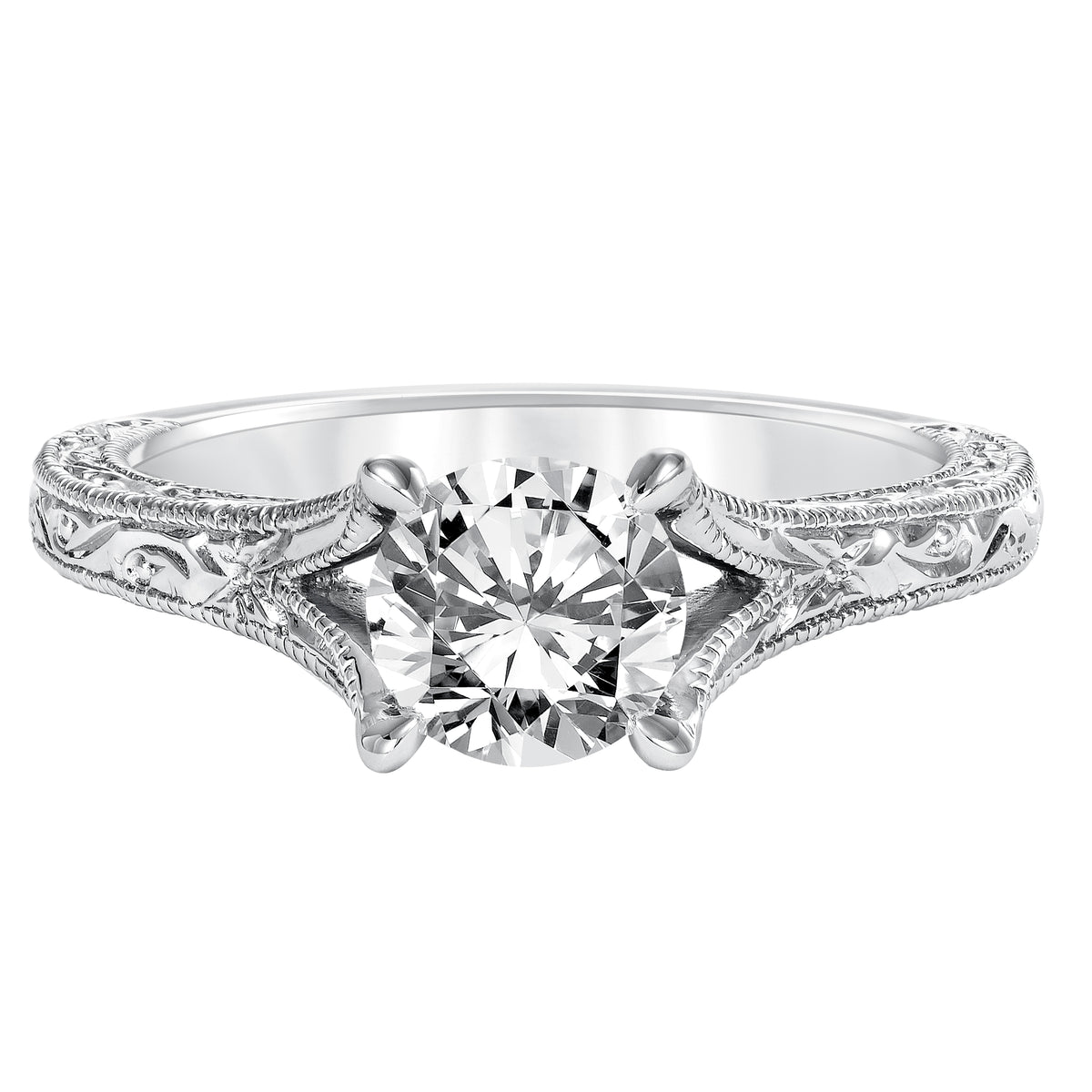 Diamond Prong Set Engraved Millgrain Split Shank Band