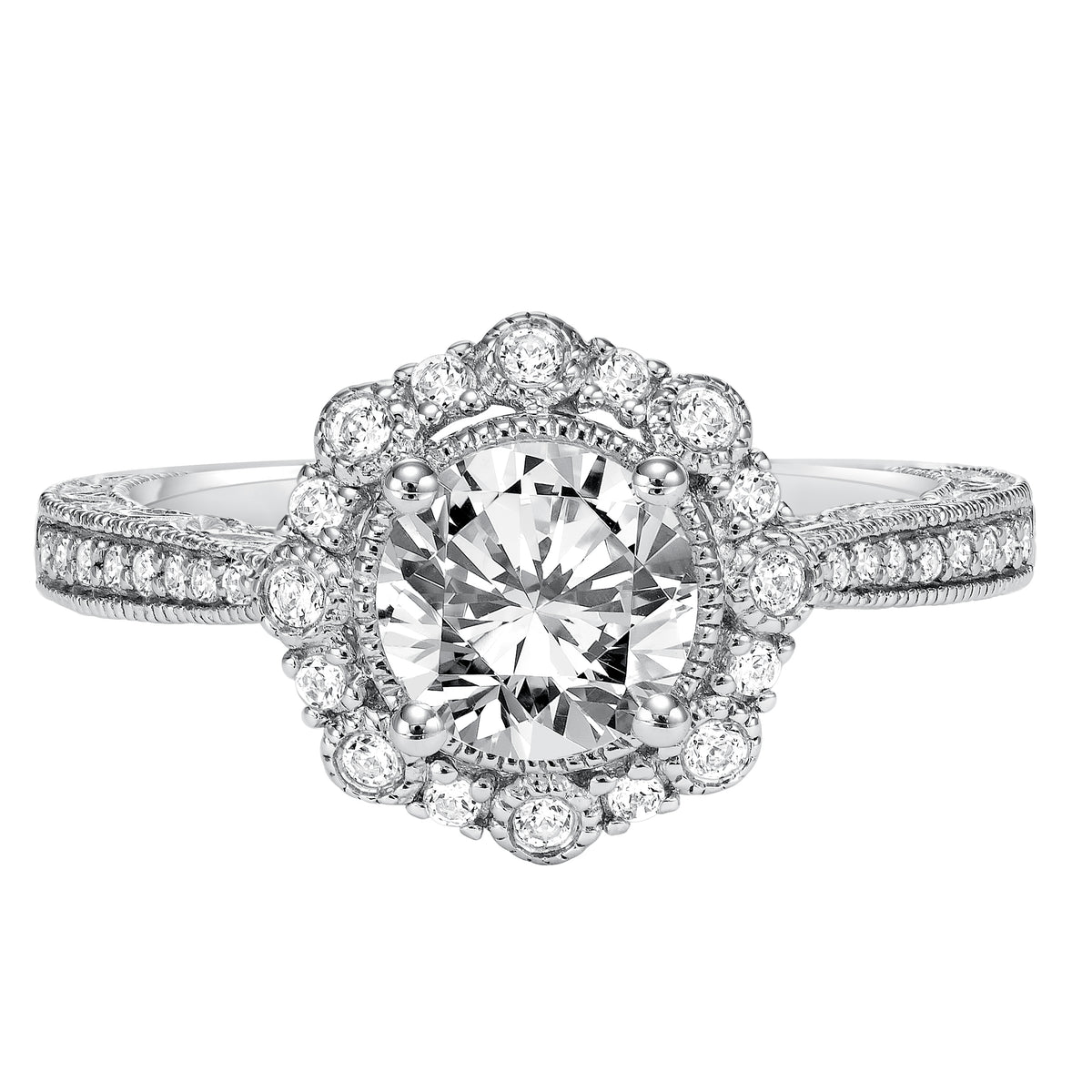 Diamond Prong Set Halo Engraved and Milgrain Engagement Ring