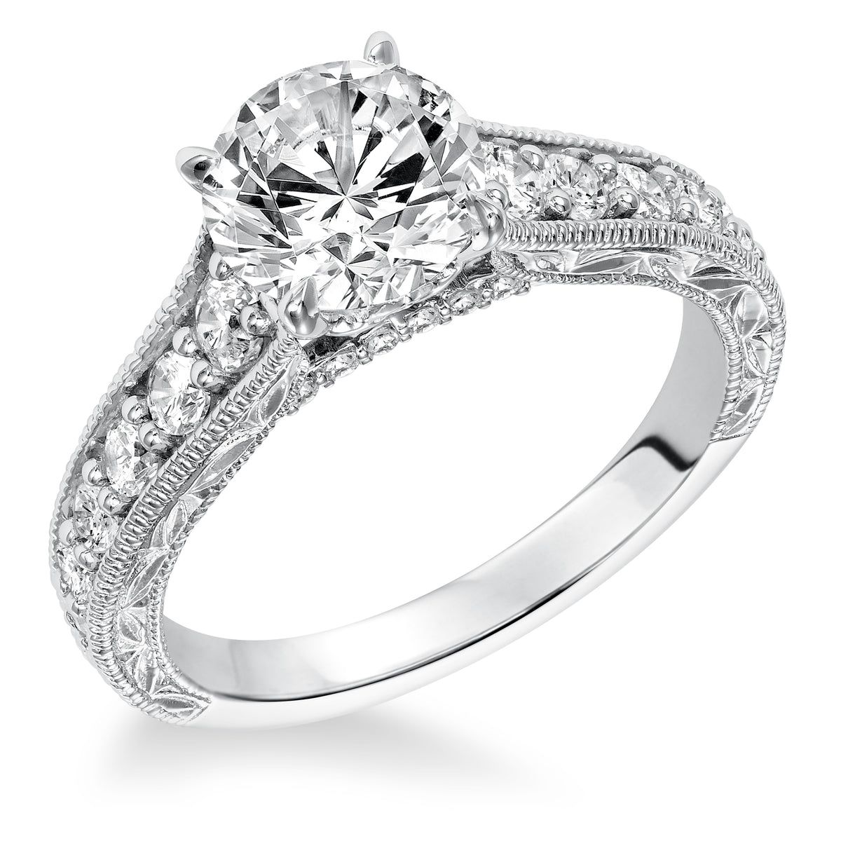 Diamond Prong Set Engraved and Milgrain with Graduated Stone Engagement Ring