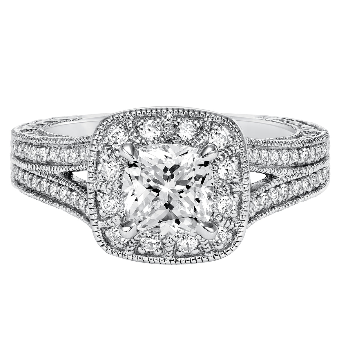 Diamond Prong Set Halo Engraved and Milgrain with Split Shank Engagement Ring