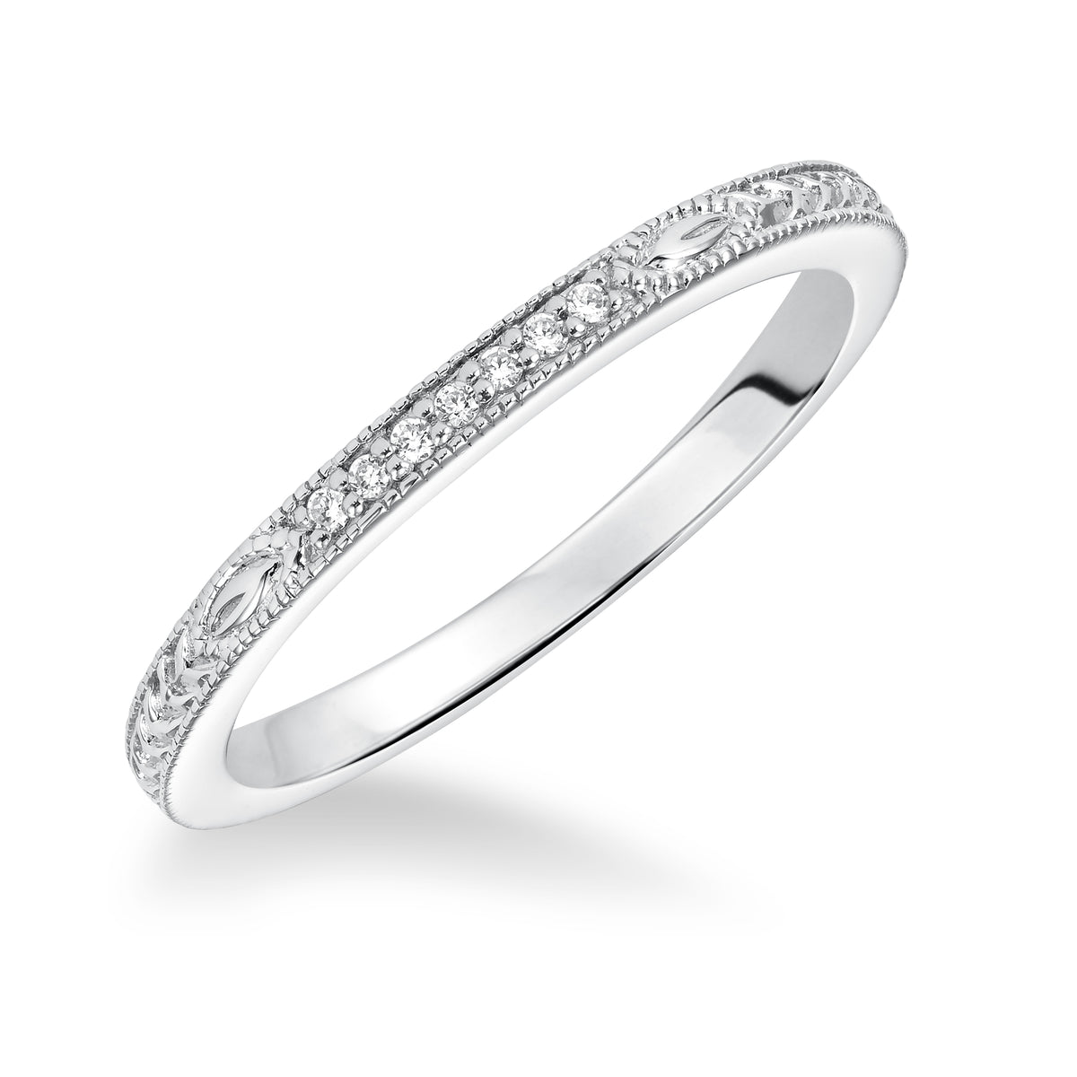 Diamond Accent Prong set Engraved and Milgrain Wedding Band