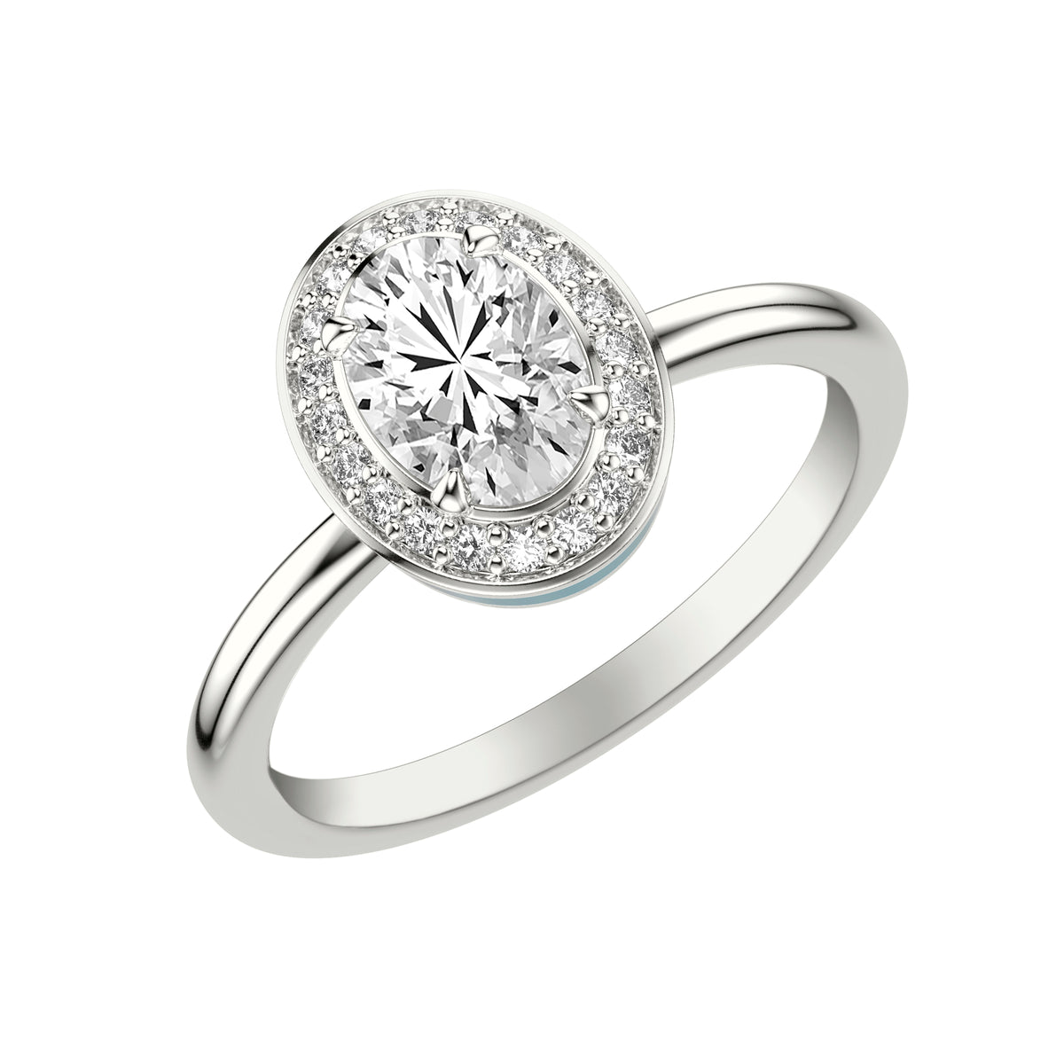 Engagement Ring with Diamond Oval Halo and Ceram8 Hidden Halo with Polished Shank
