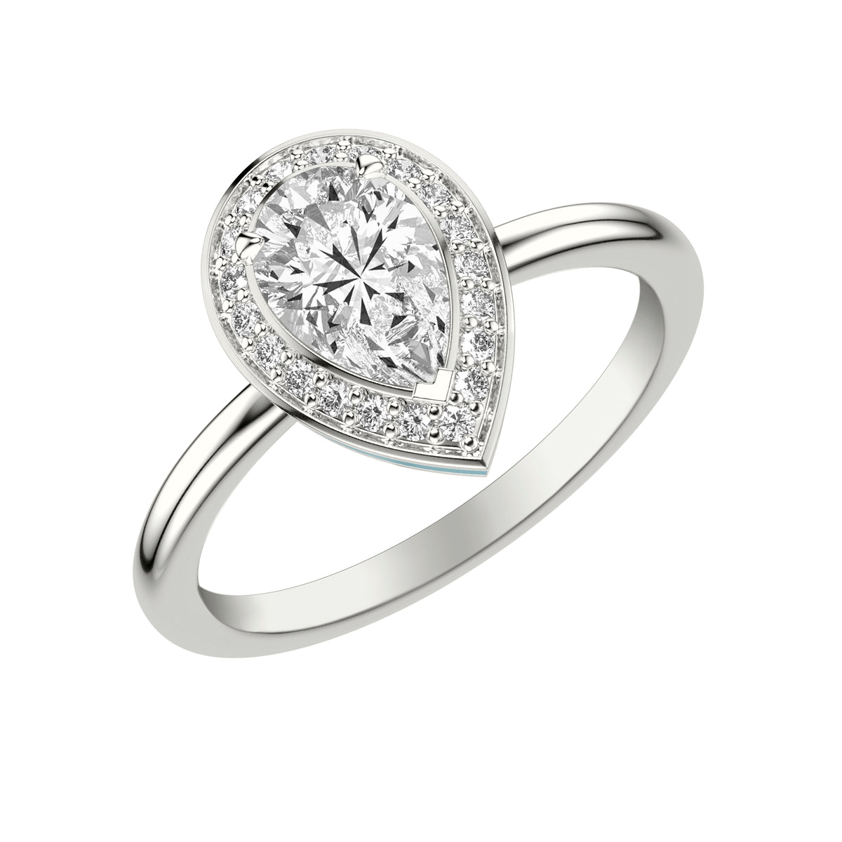 Engagement Ring with Diamond Pear Halo and Ceram8 Hidden Halo with Polished Shank