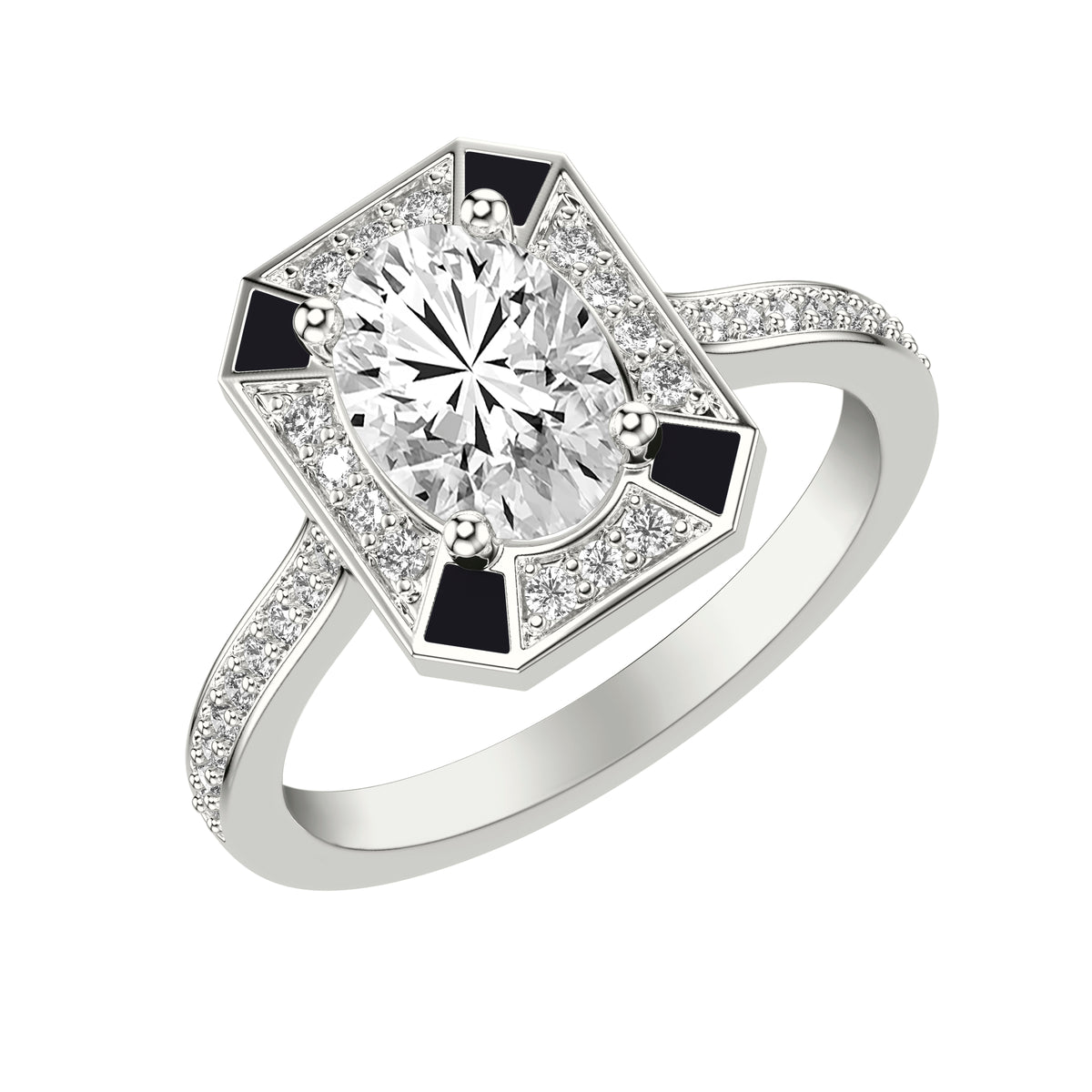Art Deco Engagement Ring with Accented Ceram8 Diamond Halo and Diamond Shank with Oval Center