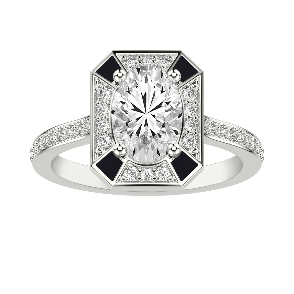 Art Deco Engagement Ring with Accented Ceram8 Diamond Halo and Diamond Shank with Oval Center