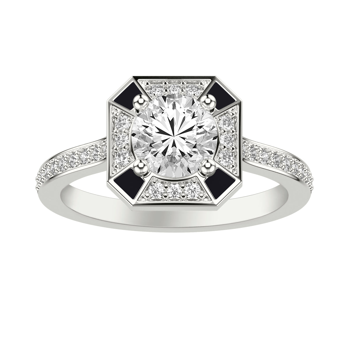 Art Deco Engagement Ring with Accented Ceram8 Diamond Halo and Diamond Shank with Round Center