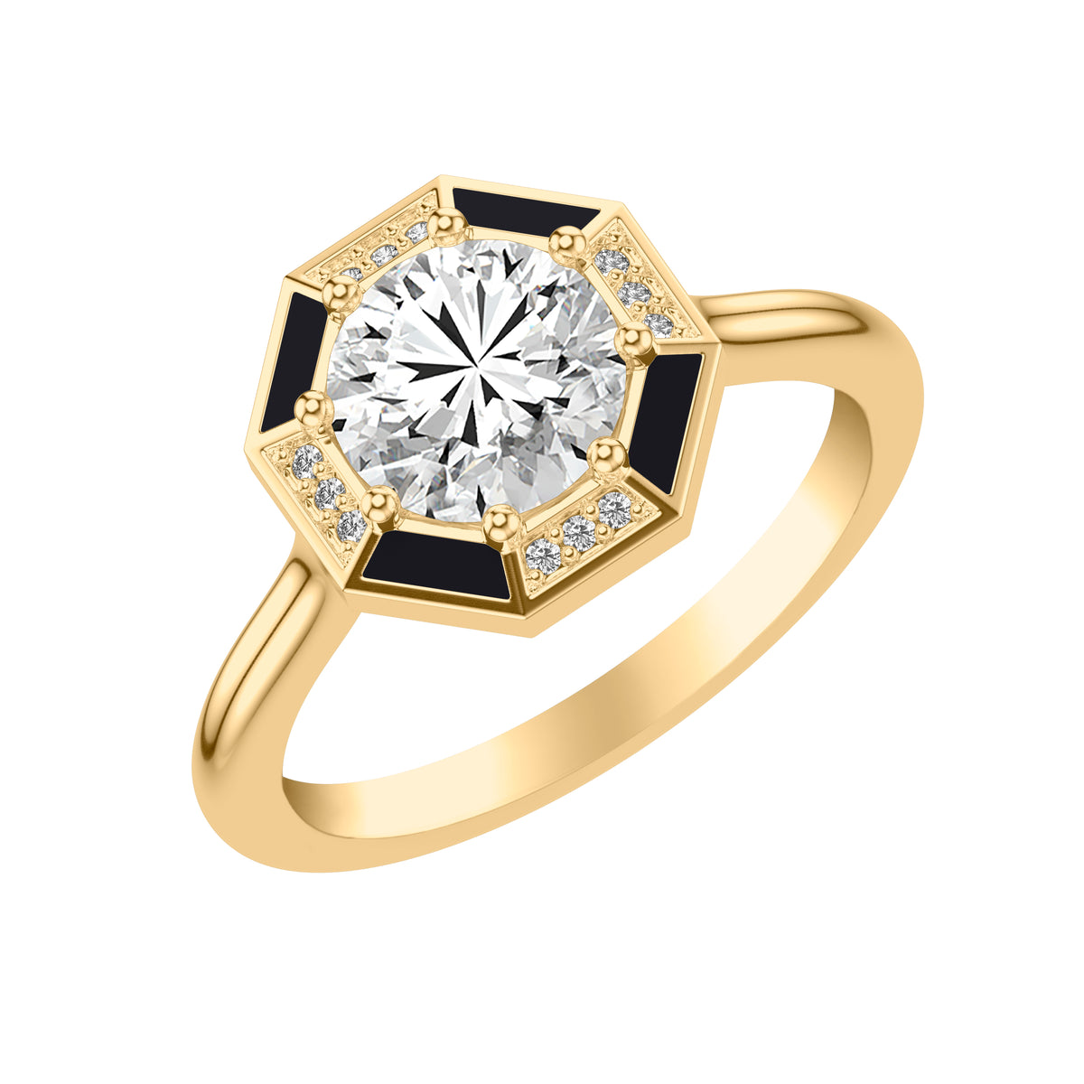 Art Deco Engagement Ring with Octagonal Ceram8 and Diamond Halo and Polished Shank with Round Center