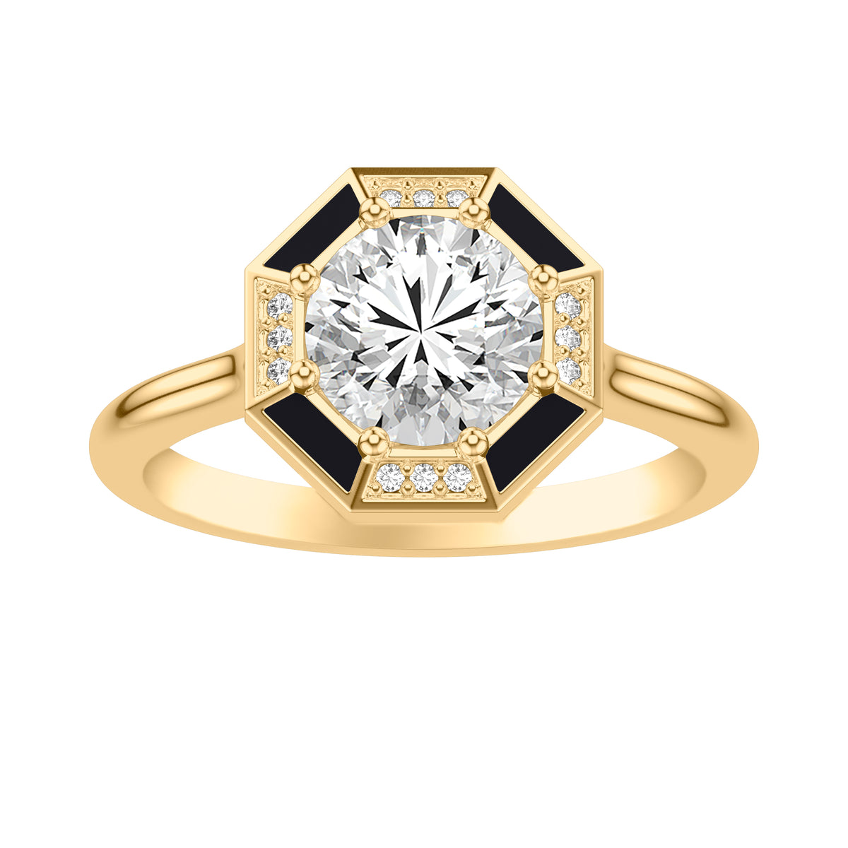 Art Deco Engagement Ring with Octagonal Ceram8 and Diamond Halo and Polished Shank with Round Center