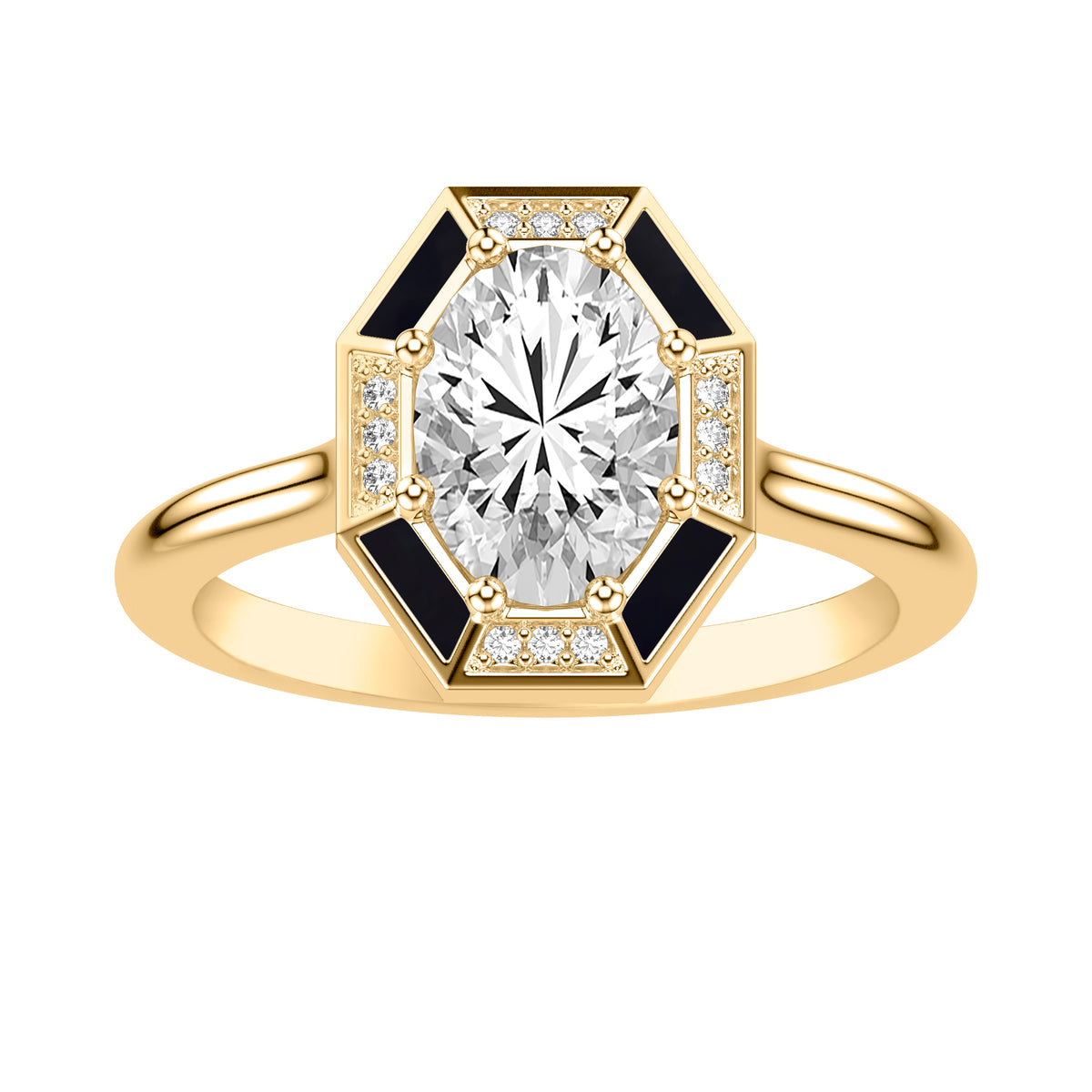 Art Deco Engagement Ring with Octagonal Ceram8 and Diamond Halo and Polished Shank with Oval Center