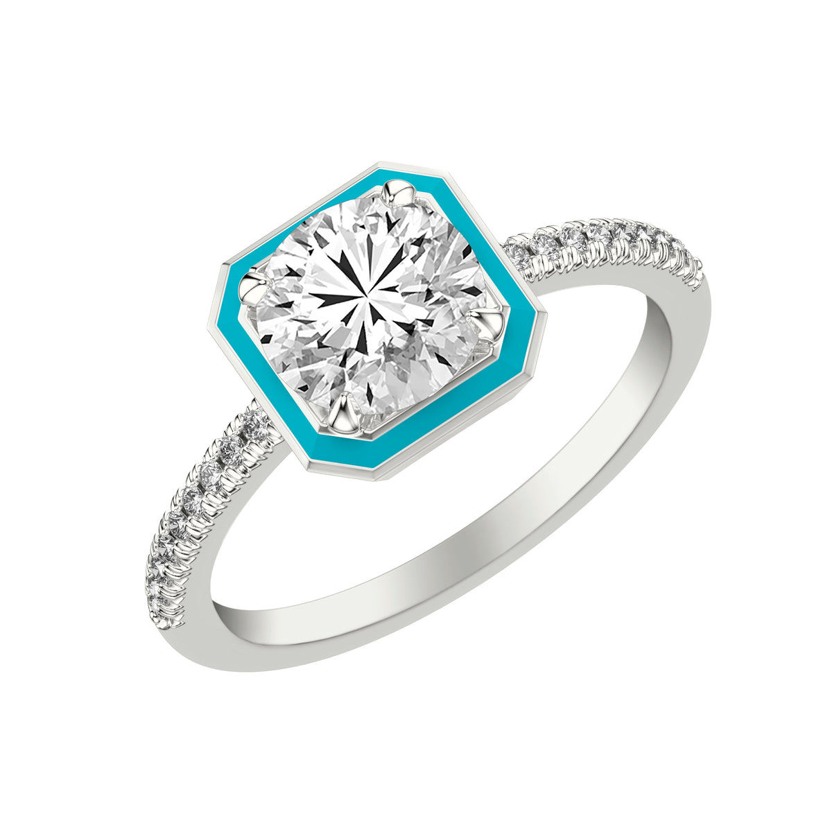 Engagement Ring with Ceram8 Petite Halo and Diamond Shank with Round Center