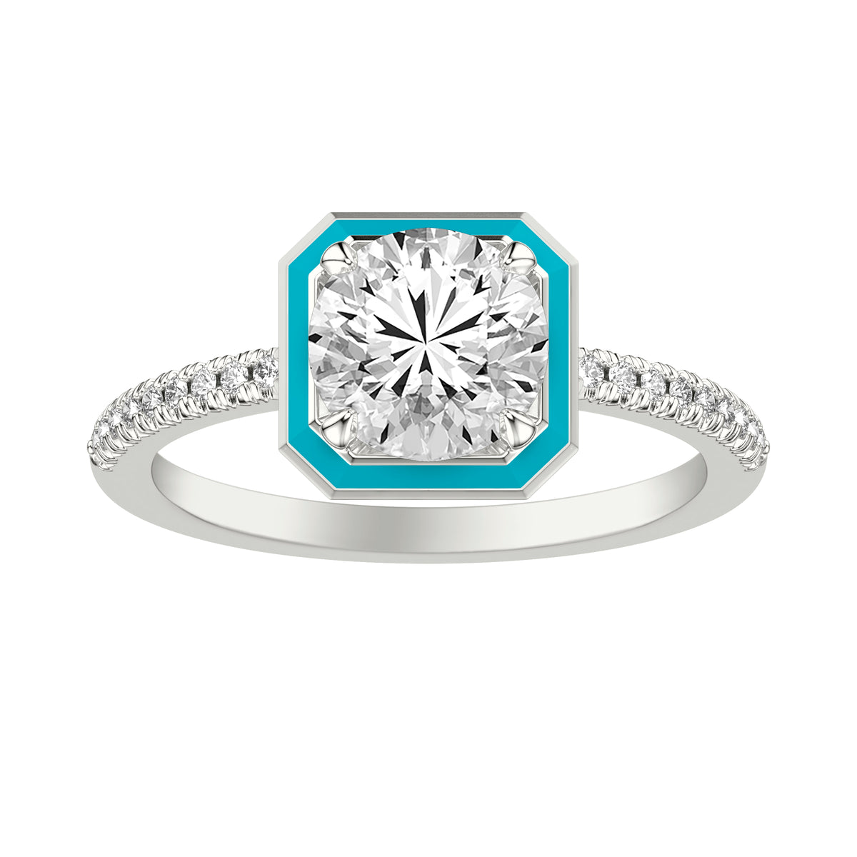 Engagement Ring with Ceram8 Petite Halo and Diamond Shank with Round Center