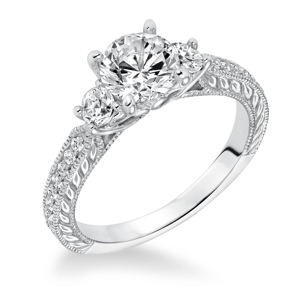 Engraved Three Stone with Milgrain Engagement Ring