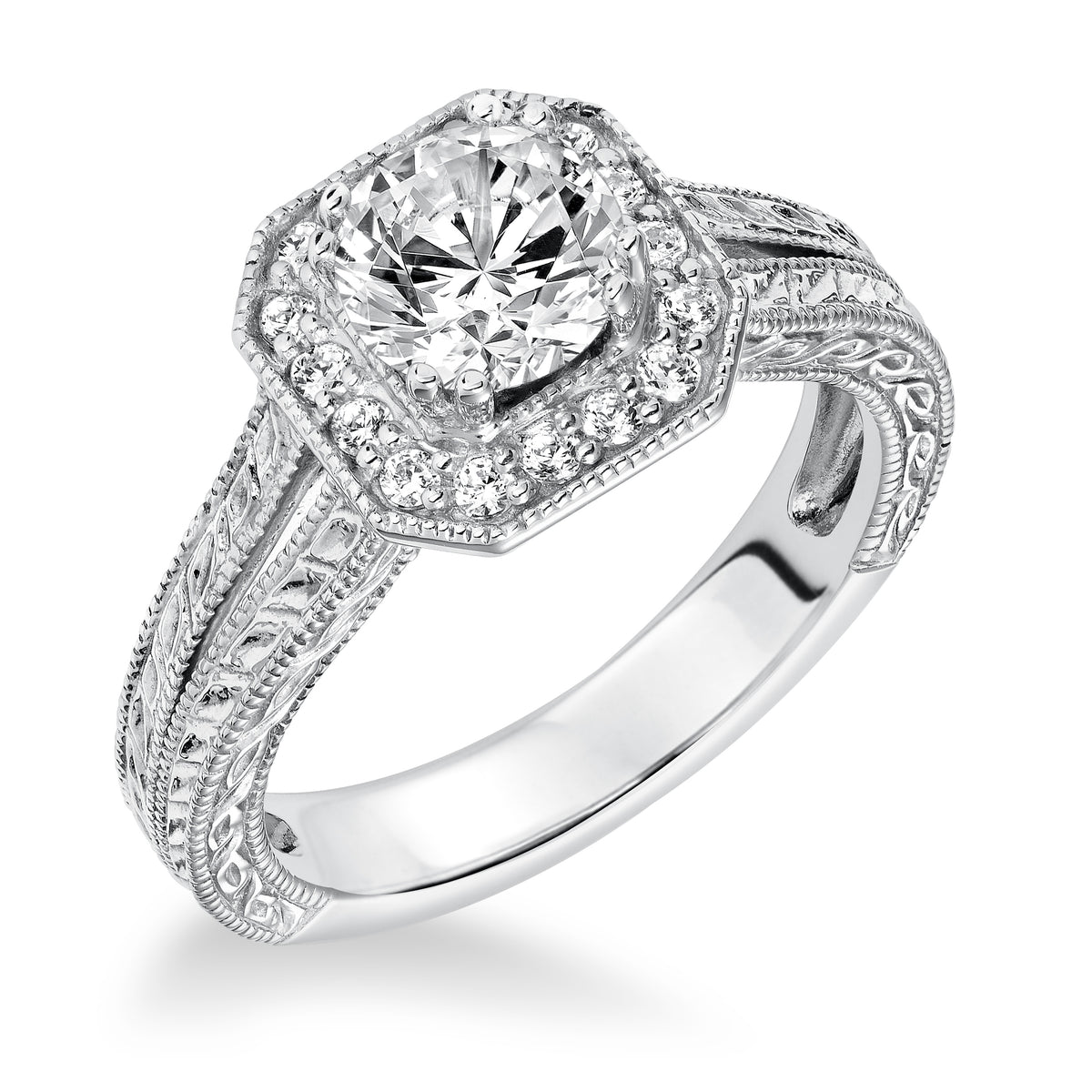Engraved Halo with Milgrain and Split Shank Engagement Ring