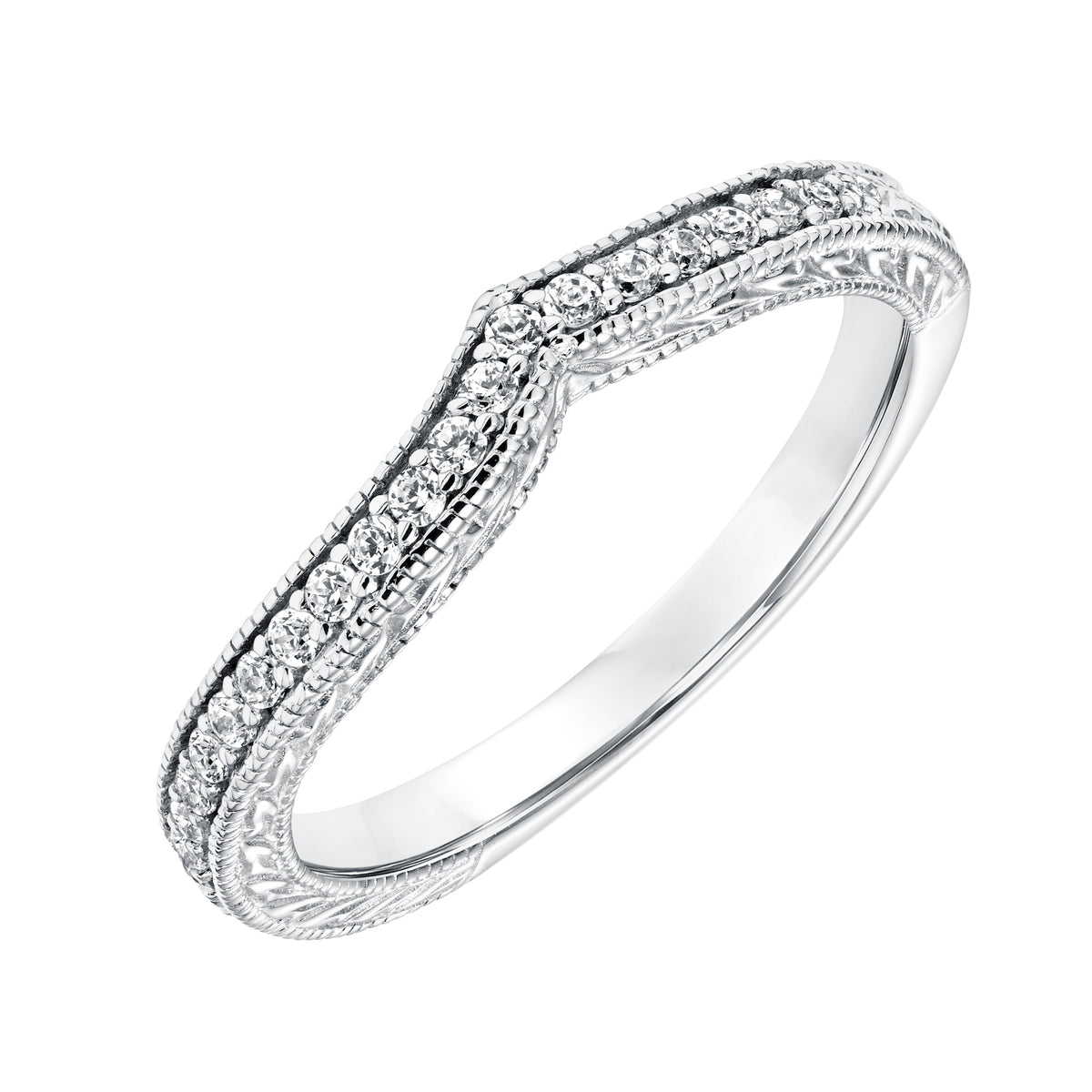 Diamond Curved Engraved and Milgrain Wedding Band