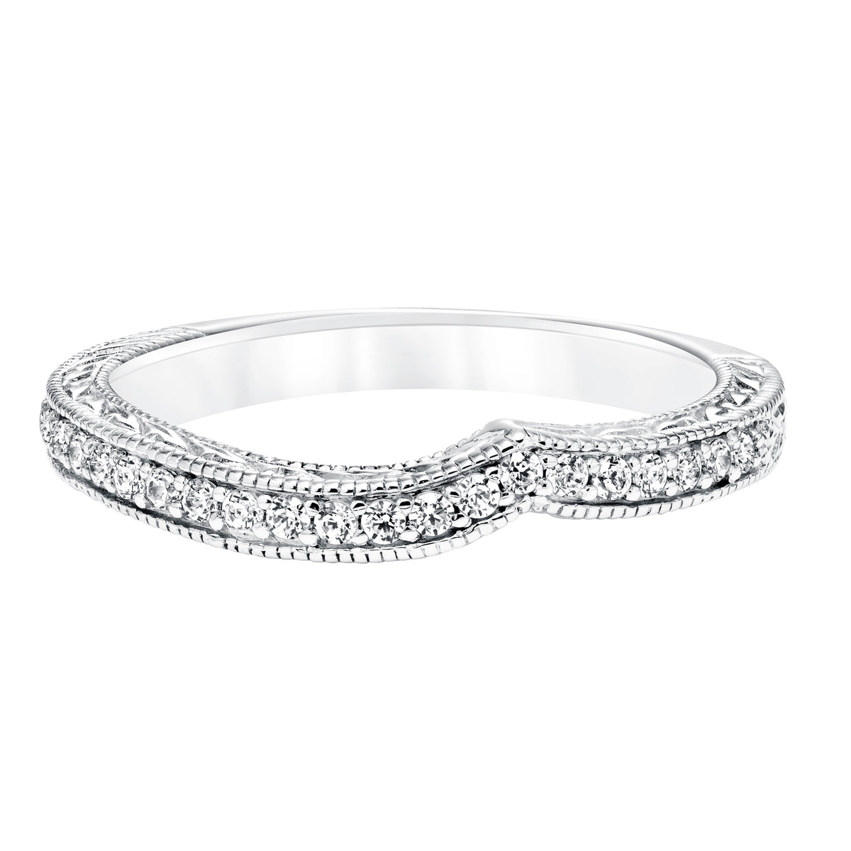 Diamond Curved Engraved and Milgrain Wedding Band