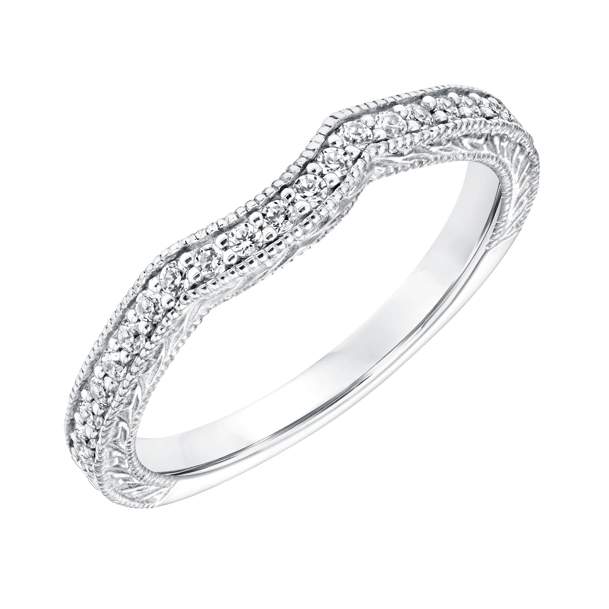Diamond Curved Engraved and Milgrain Wedding  Band