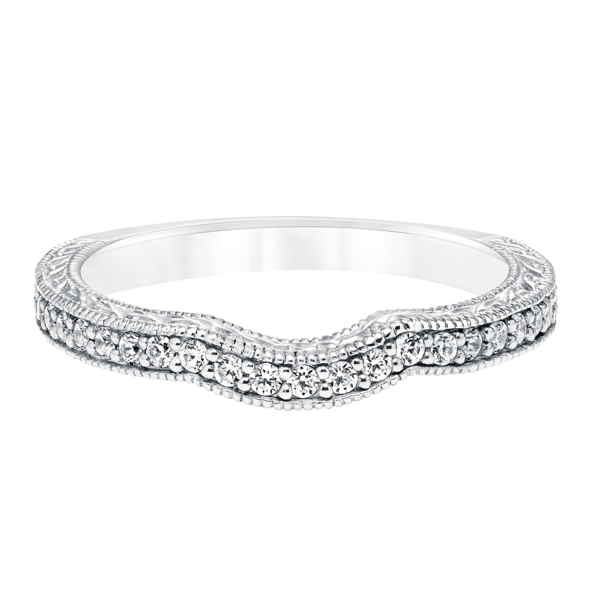 Diamond Curved Engraved and Milgrain Wedding  Band