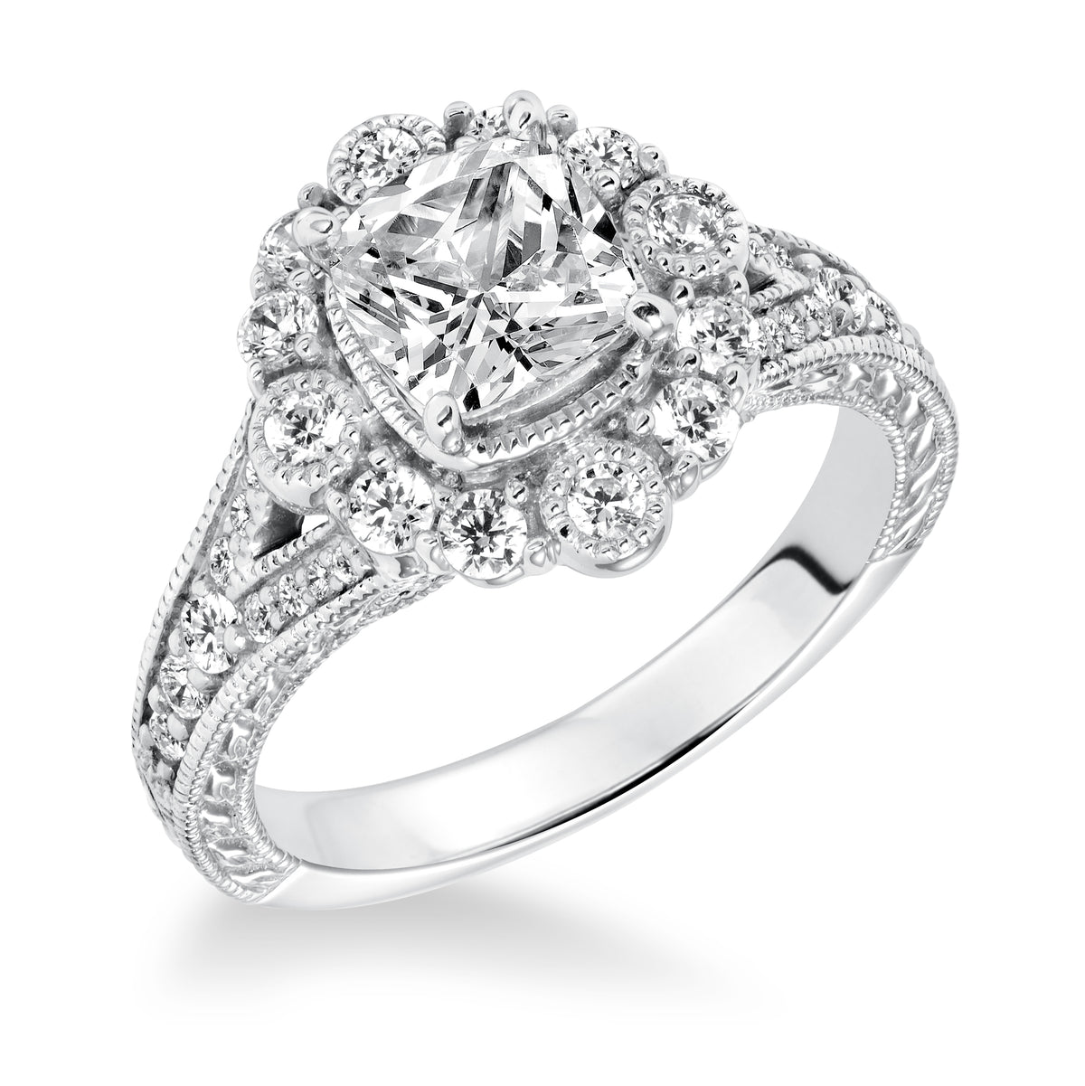 Engraved Halo with Milgrain Engagement Ring
