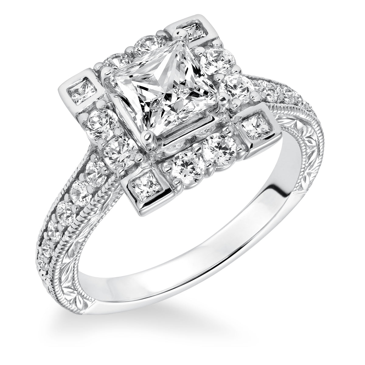 Engraved Halo with Milgrain Engagement Ring