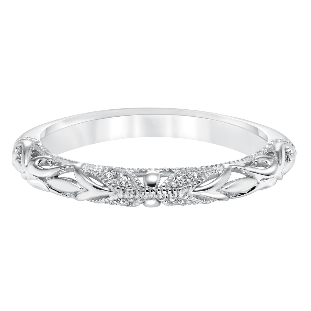 Diamond Milgrain and Carved Wedding Band
