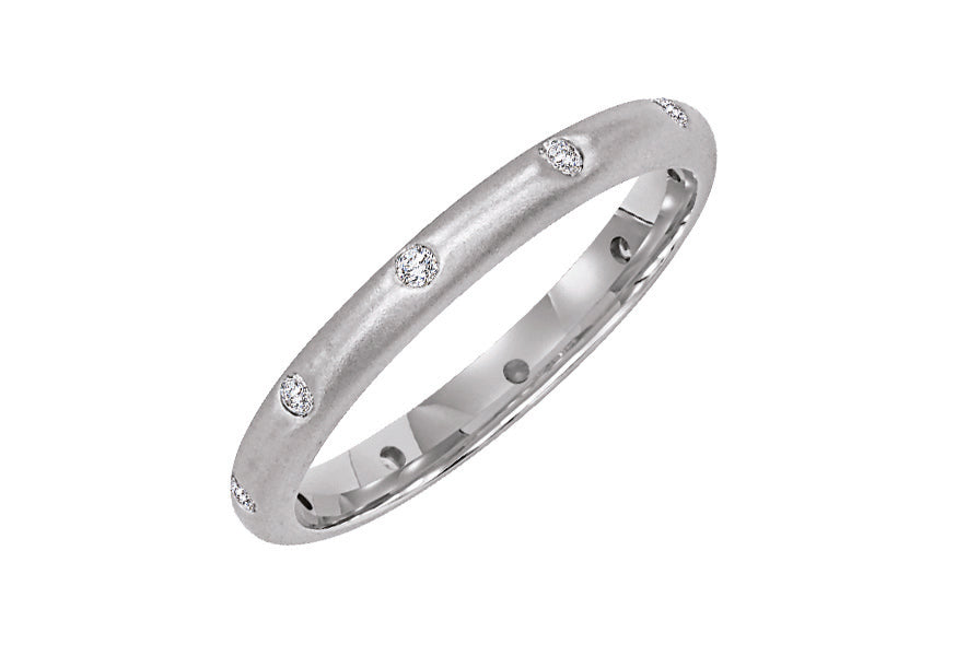 Wedding band with bezel set round diamonds all around.