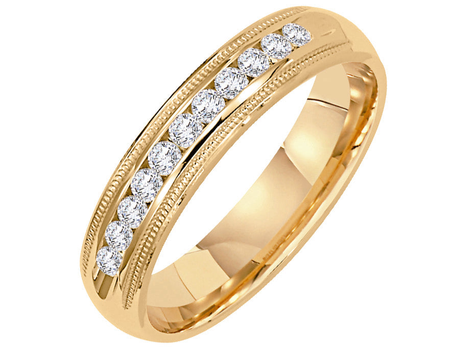 Wedding band with channel set, round diamonds and milgrain accents.