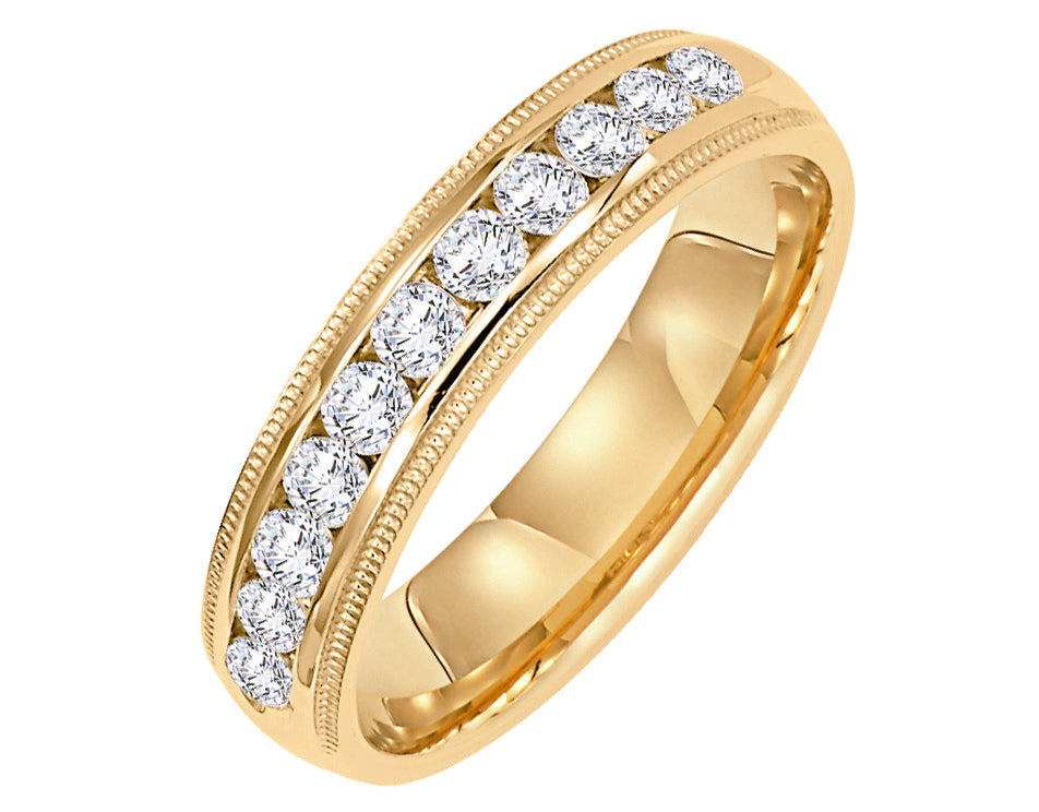 Wedding band with channel set, round diamonds and milgrain accents.