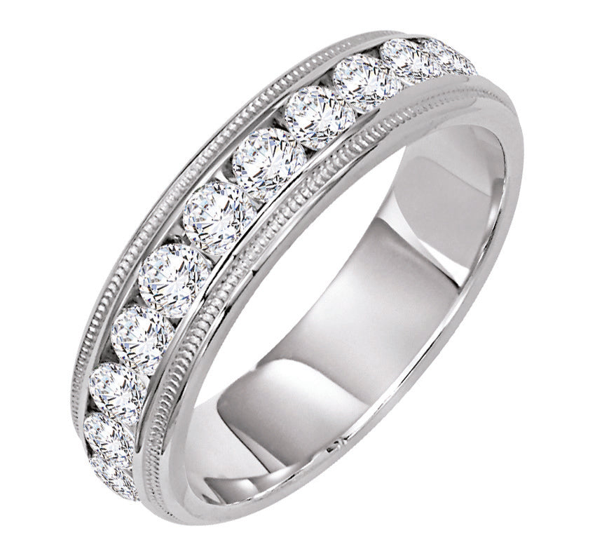 Wedding band with channel set, round diamonds and milgrain accents.