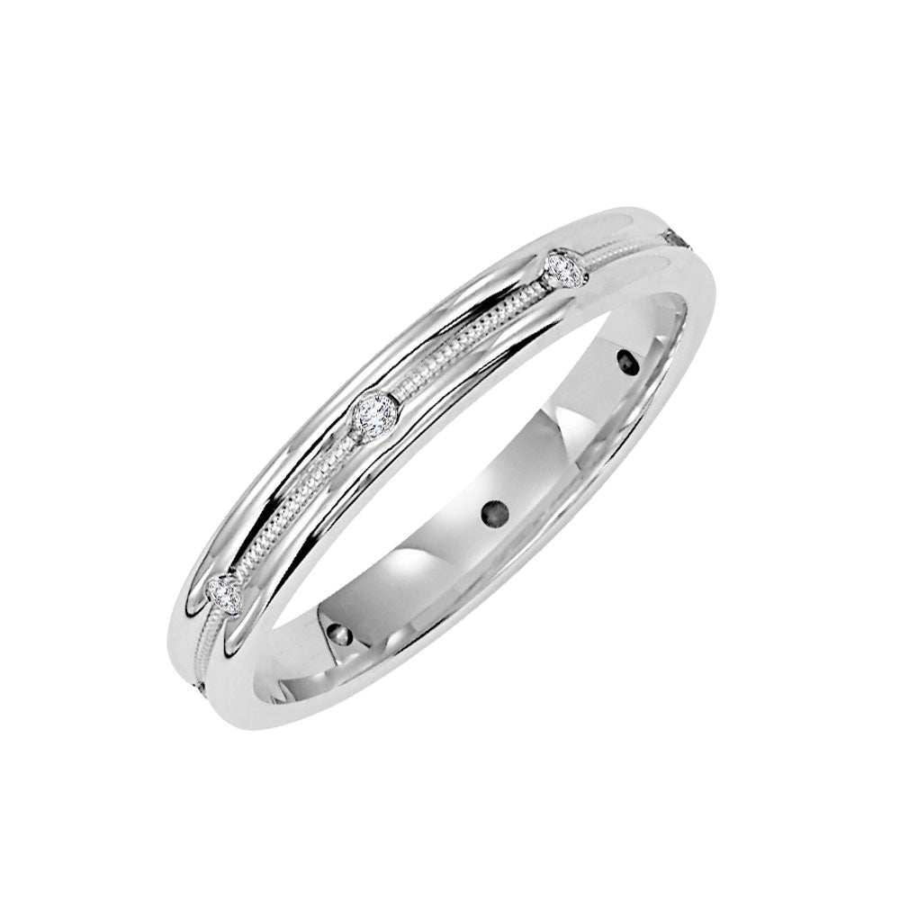 Wedding band with bezel set, round diamonds and milgrain accents.