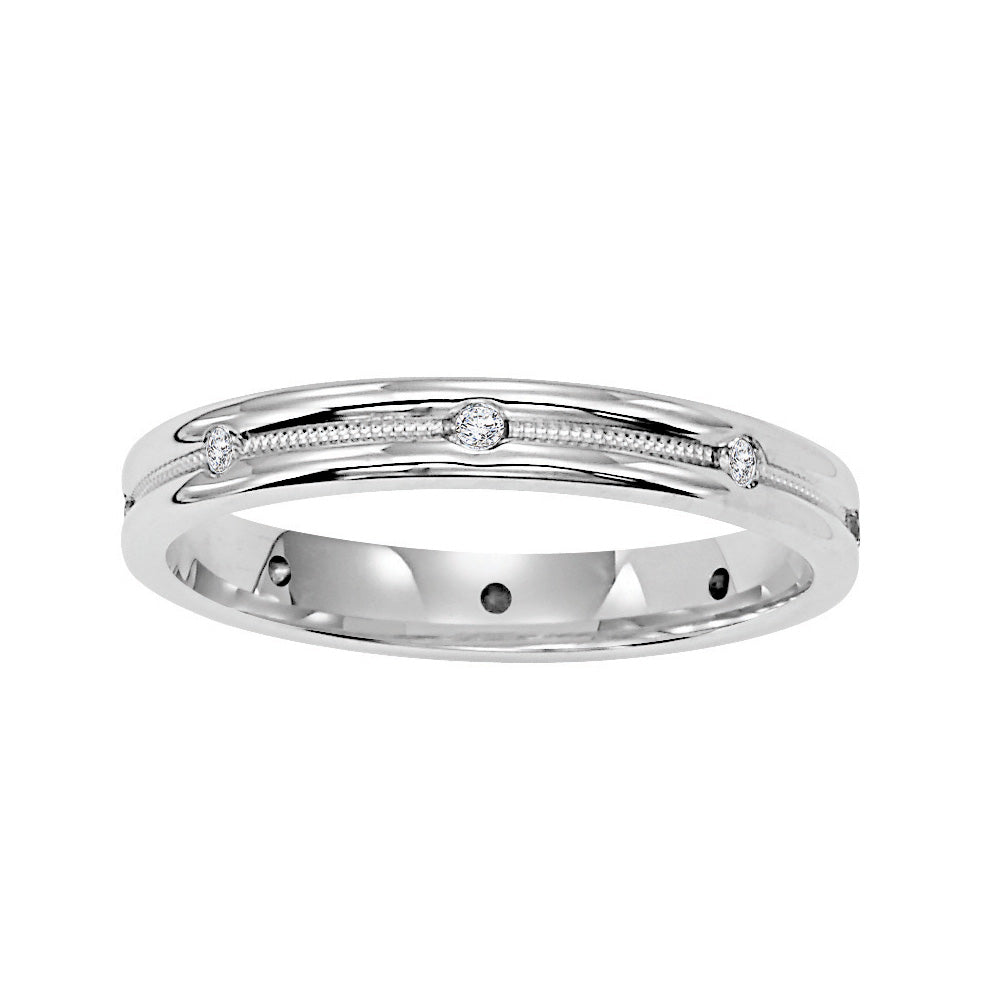 Wedding band with bezel set, round diamonds and milgrain accents.