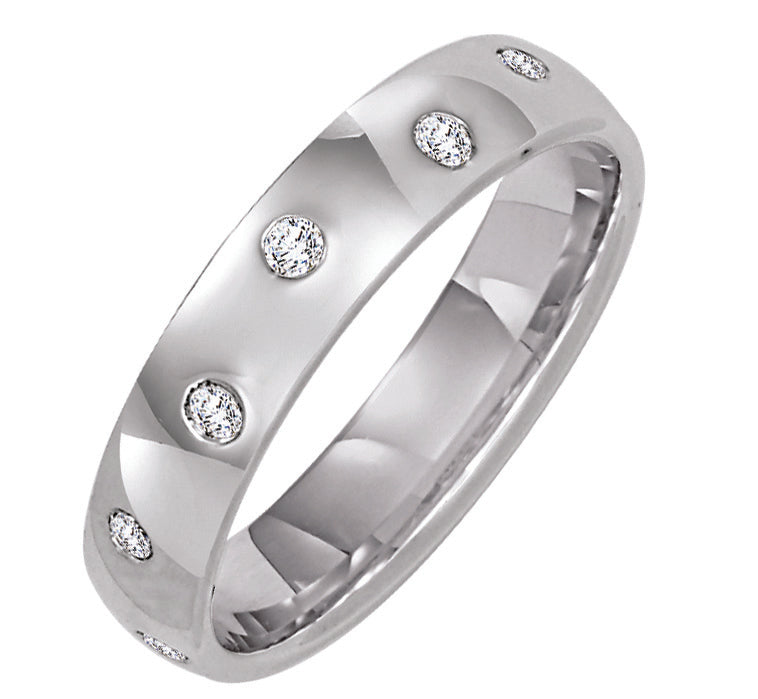 Wedding band with bezel set round diamonds all around.