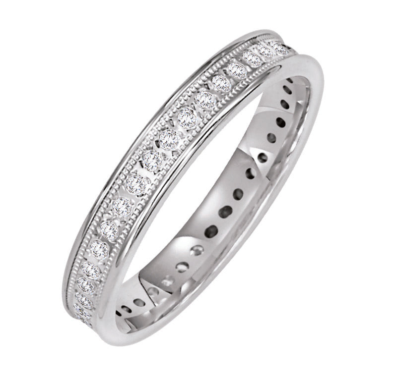 Eternity diamond wedding band with milgrain accents.