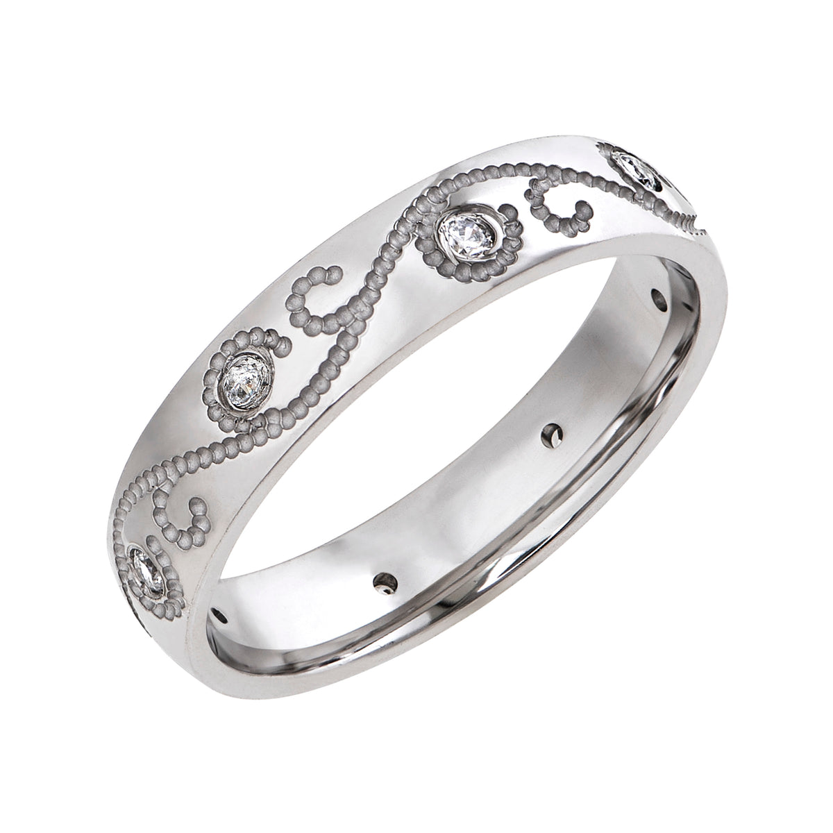 Wedding band with engraved design and diamond accents.