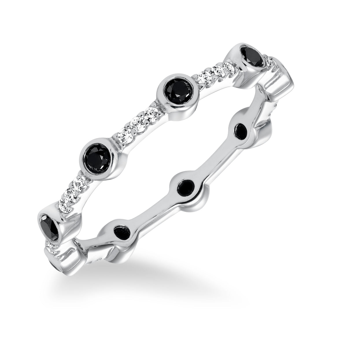 Stackable eternity band with bezel and prong set black and white diamonds