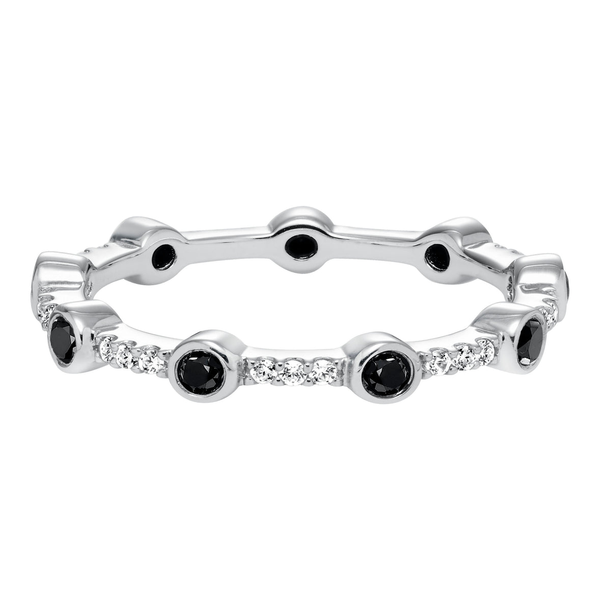Stackable eternity band with bezel and prong set black and white diamonds