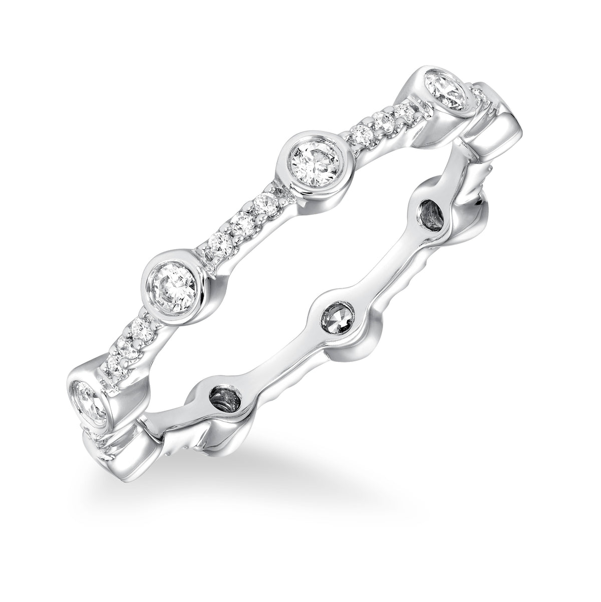 Stackable eternity band with bezel and prong set with white diamonds