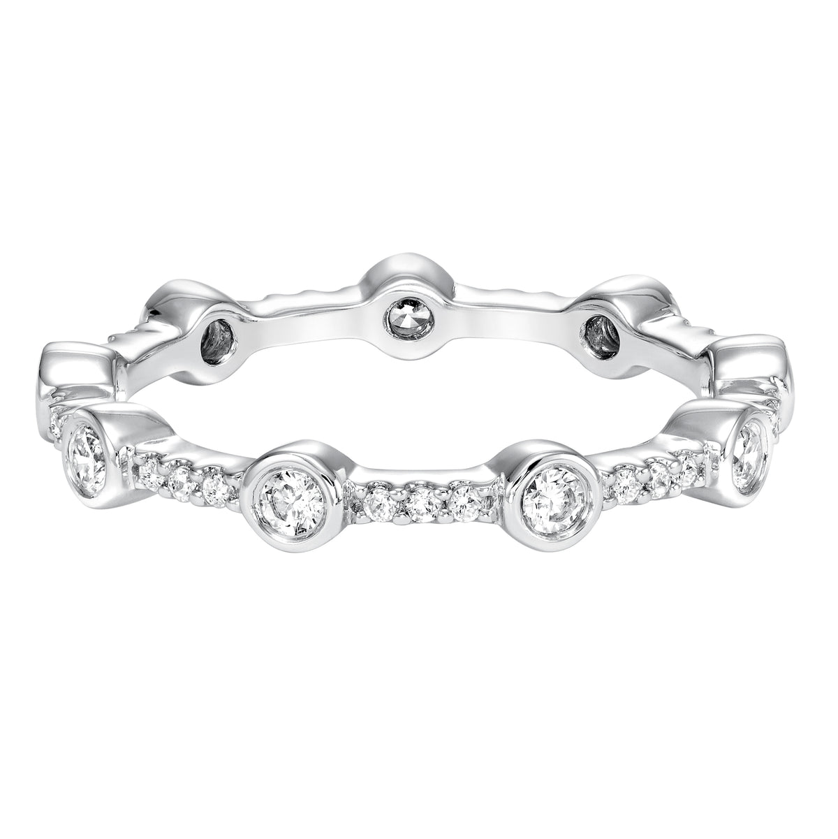Stackable eternity band with bezel and prong set with white diamonds