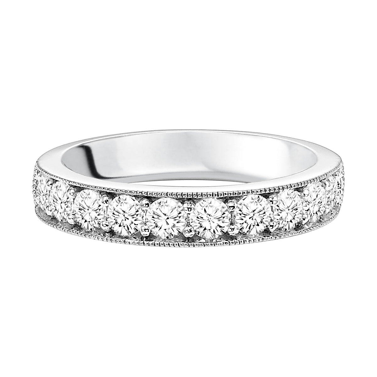 Wedding band with round, bead set diamonds and milgrain accents.