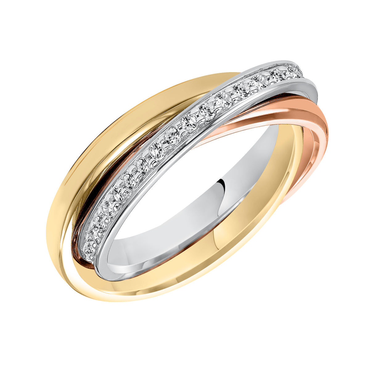 Wedding band trio with bright polished rose and yellow bands and eternity round diamond white gold band.