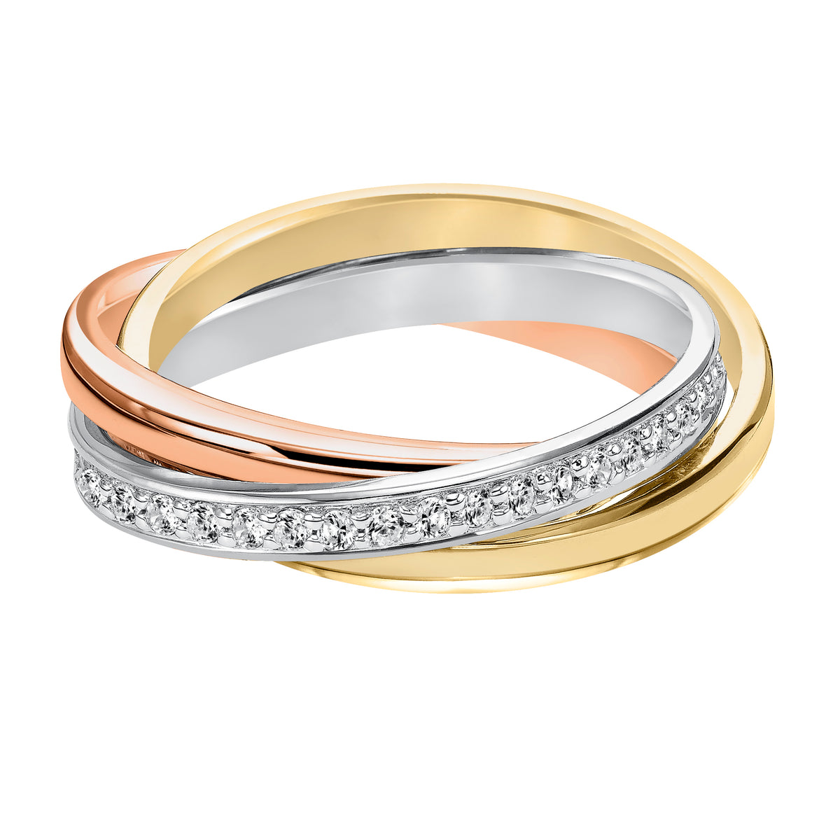 Wedding band trio with bright polished rose and yellow bands and eternity round diamond white gold band.