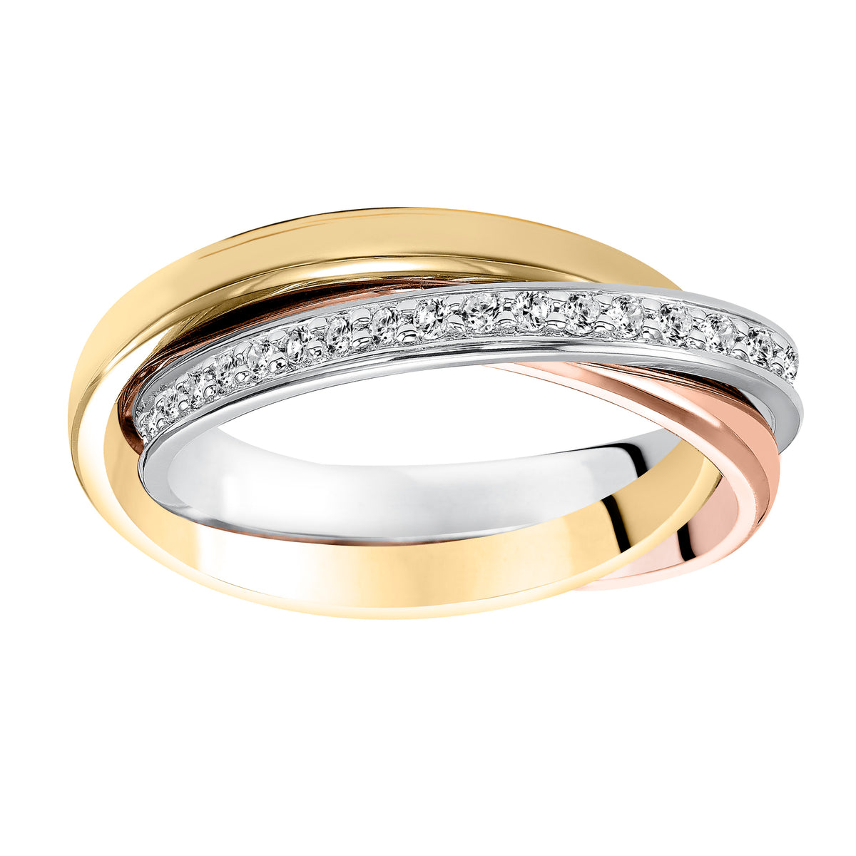 Wedding band trio with bright polished rose and yellow bands and eternity round diamond white gold band.