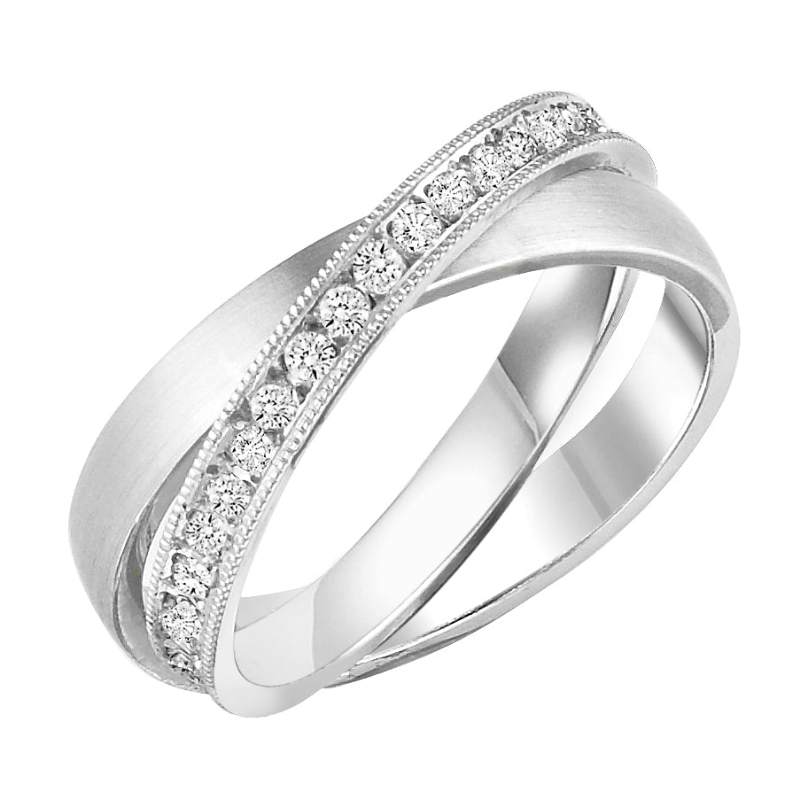 Eternity diamond wedding band with milgrain and bright polished wedding band duo.