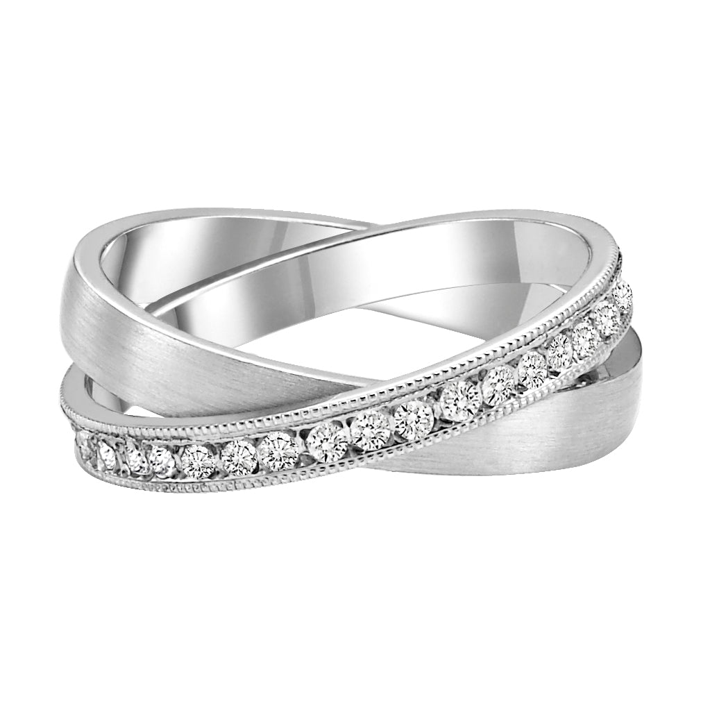 Eternity diamond wedding band with milgrain and bright polished wedding band duo.