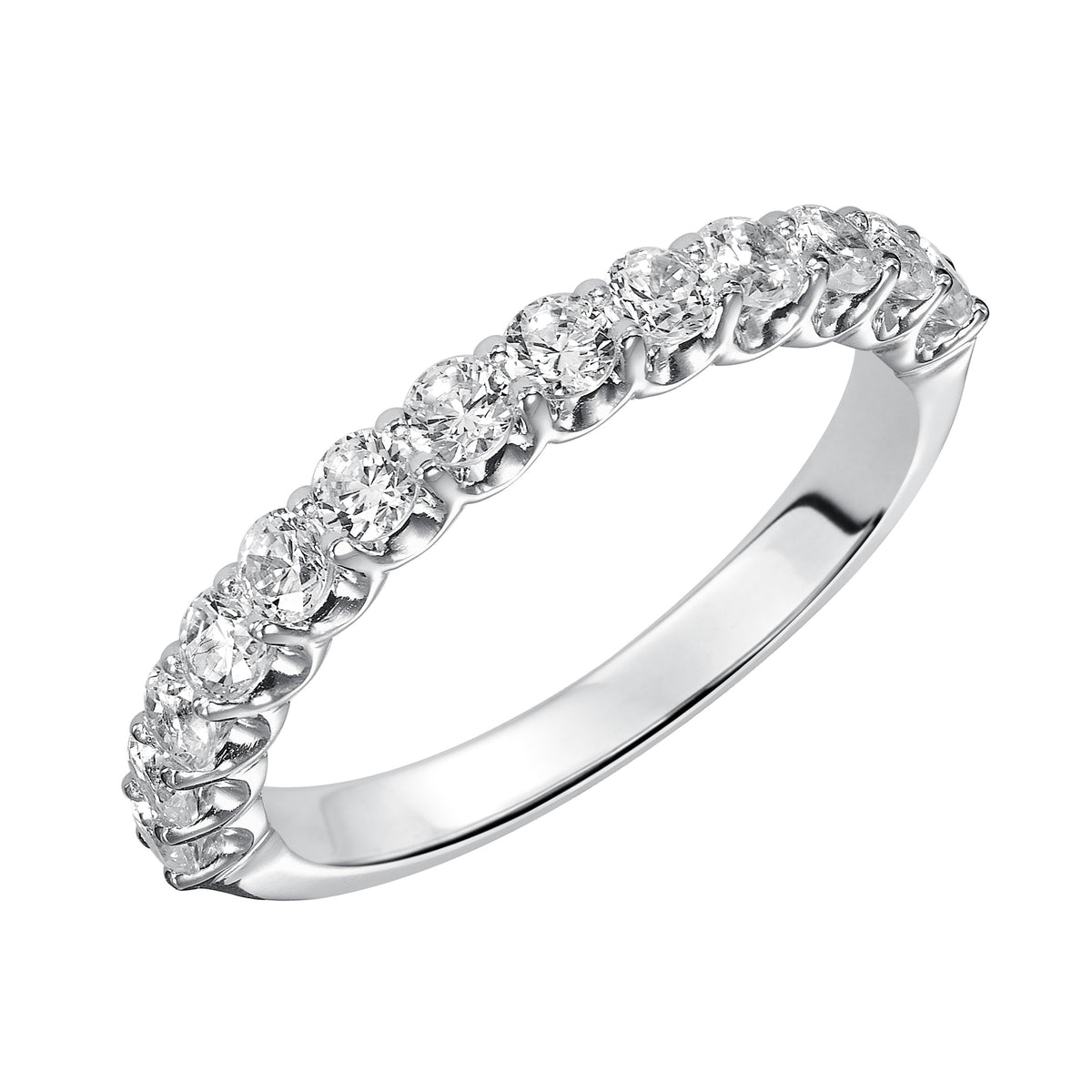 Wedding band with round, prong set diamonds.