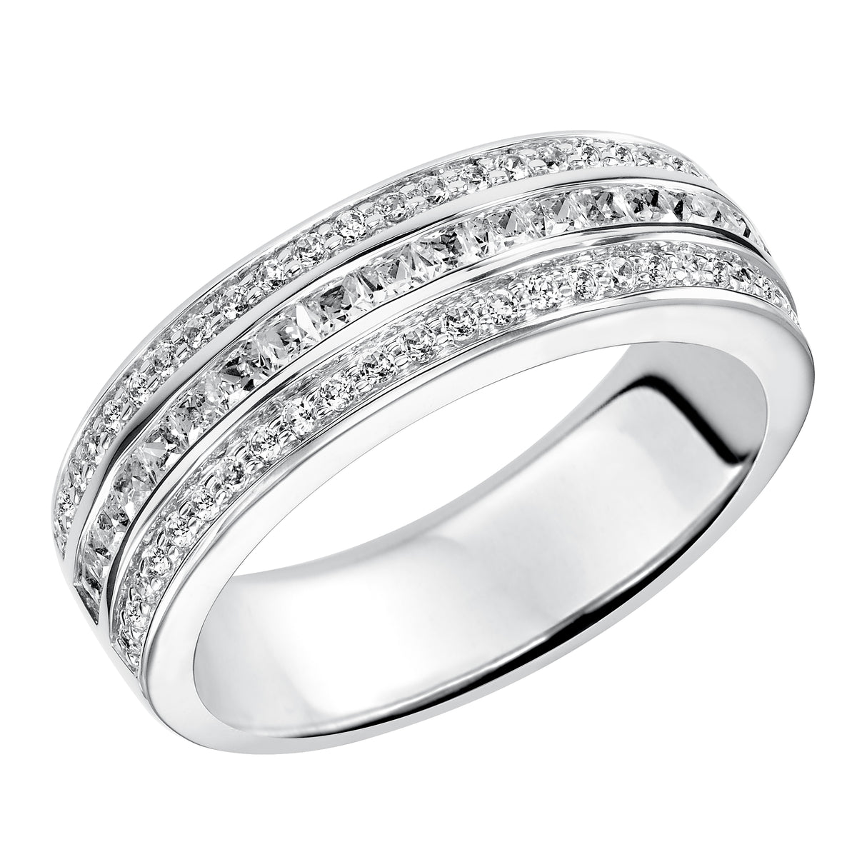 Eternity wedding band with multi-row, round diamond design.