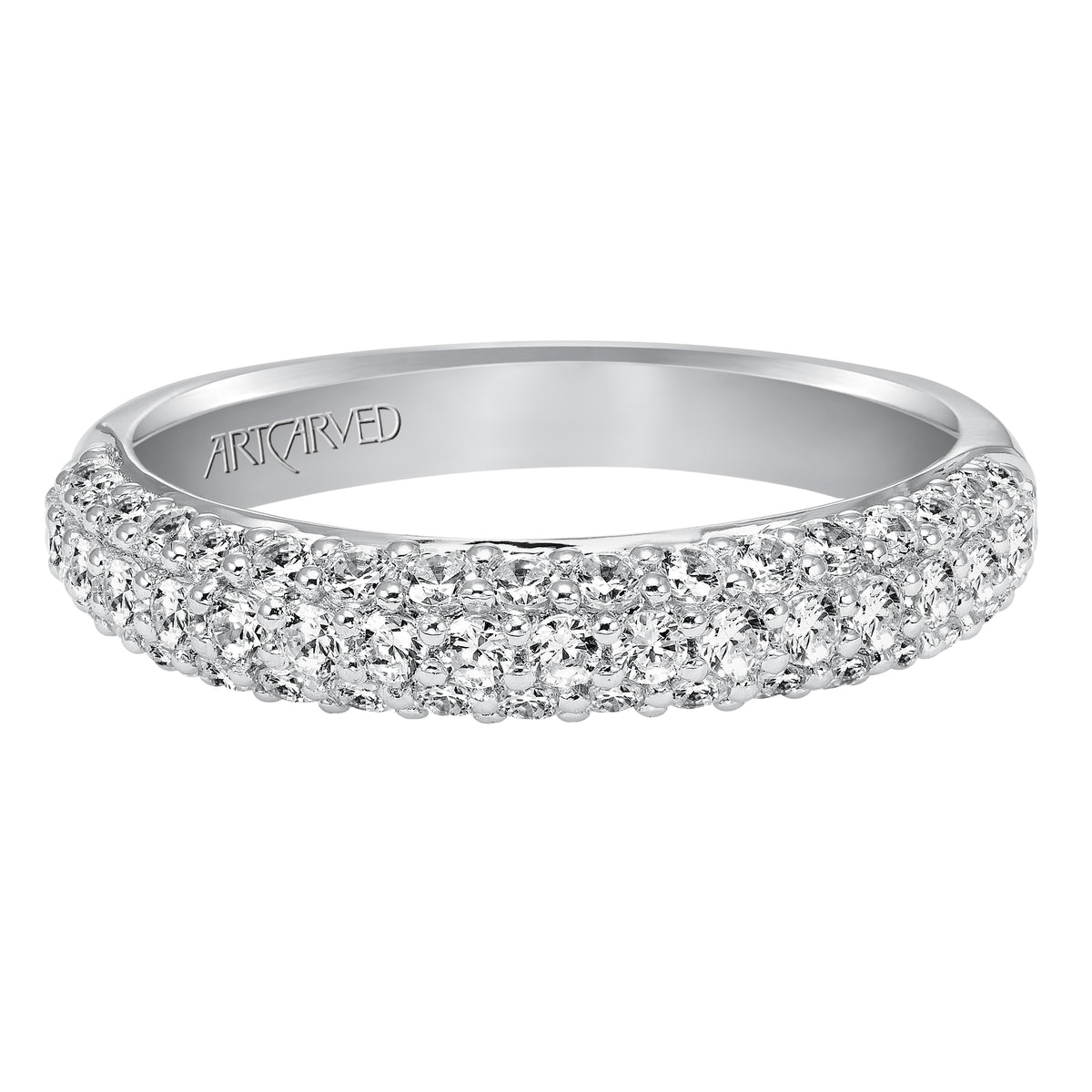 Wedding band with multi-row, round, bead set diamonds.